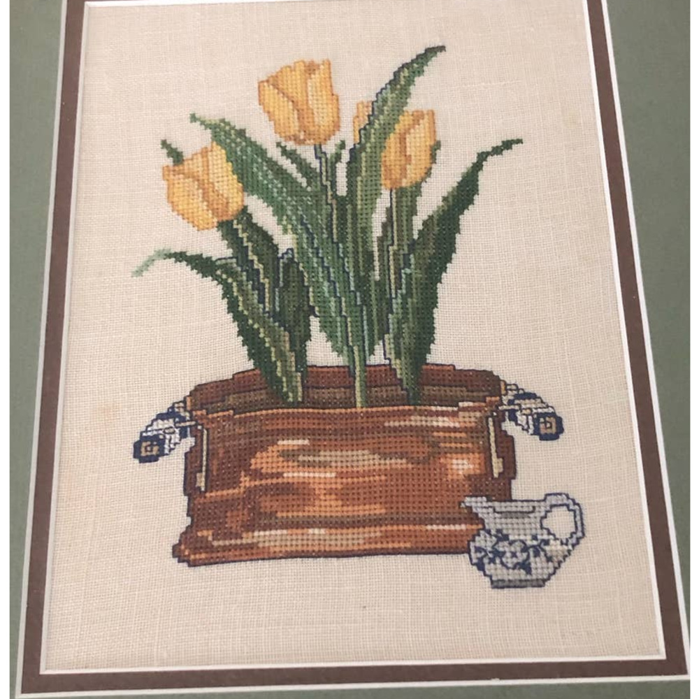 Beautiful handmade vintage crossstitch 12x14 matted glass frame